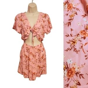 Bebop Floral Print Romper Tie Front Cutout Pink Medium